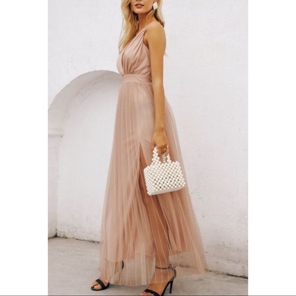 🆕SIMPLEE Surplice Split Thigh Mesh Midi Dress w/ Criss Cross Open Back in Blush - Picture 3 of 16